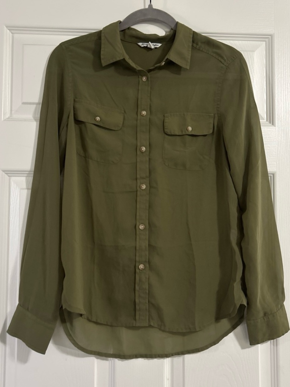 Olive Green Women's Sheer Button-Down Shirt